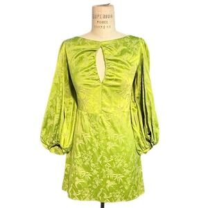 Lime Green Floral Jacquard Balloon Sleeve Keyhole Mini Dress with Back Tie M